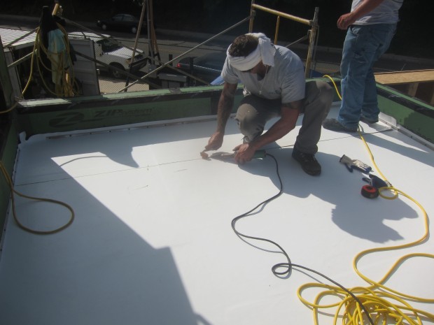 hot air welding the membrane on the roof