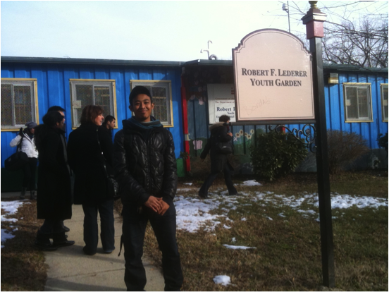 Students wait outside the Robert Lederer Youth Garden Community Center.